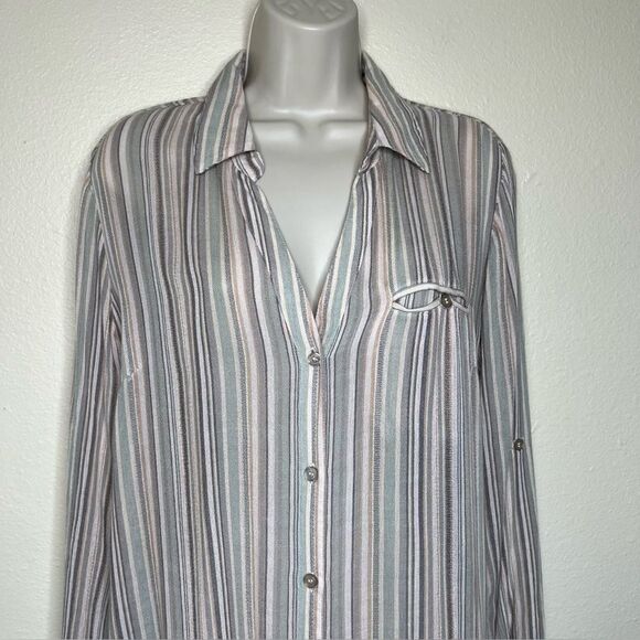 Kut From The Kloth Jasmine Stripe Gauze Shirt Roll Tab Long Sleeve Women XL FLAW - Picture 3 of 13